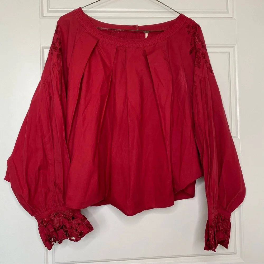 FREE PEOPLE WISHING WELL RED LACE COTTON BLOUSE XS